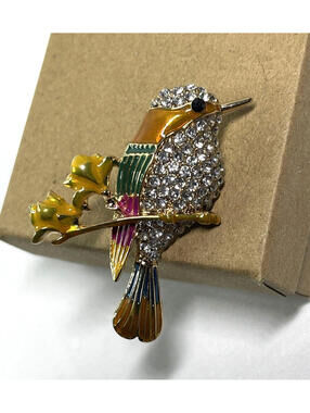 Anne Klein Enamel Gold-Tone Multi Crystal Bird on Branch